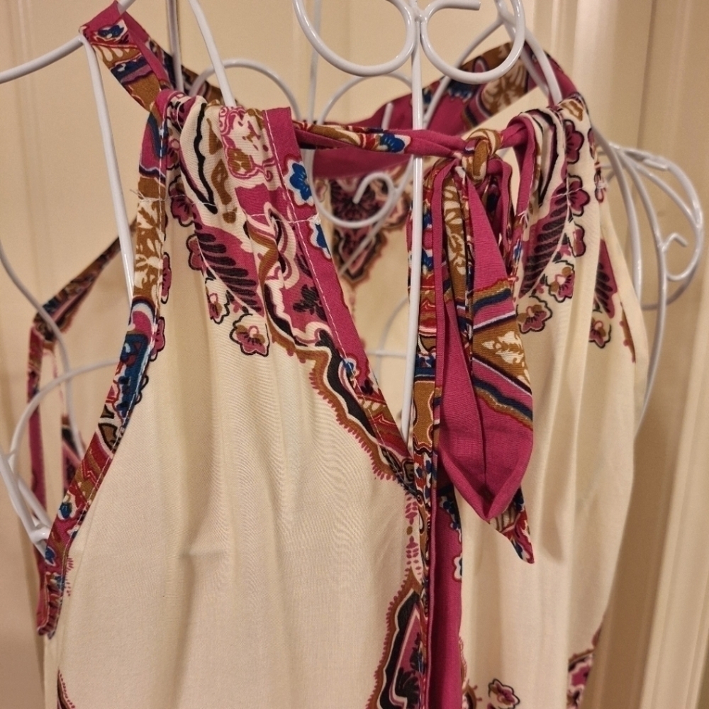 Paisley Print A-Line Swing Halter Dress MultiColor Pink Ivory Blue - Picture 6 of 6